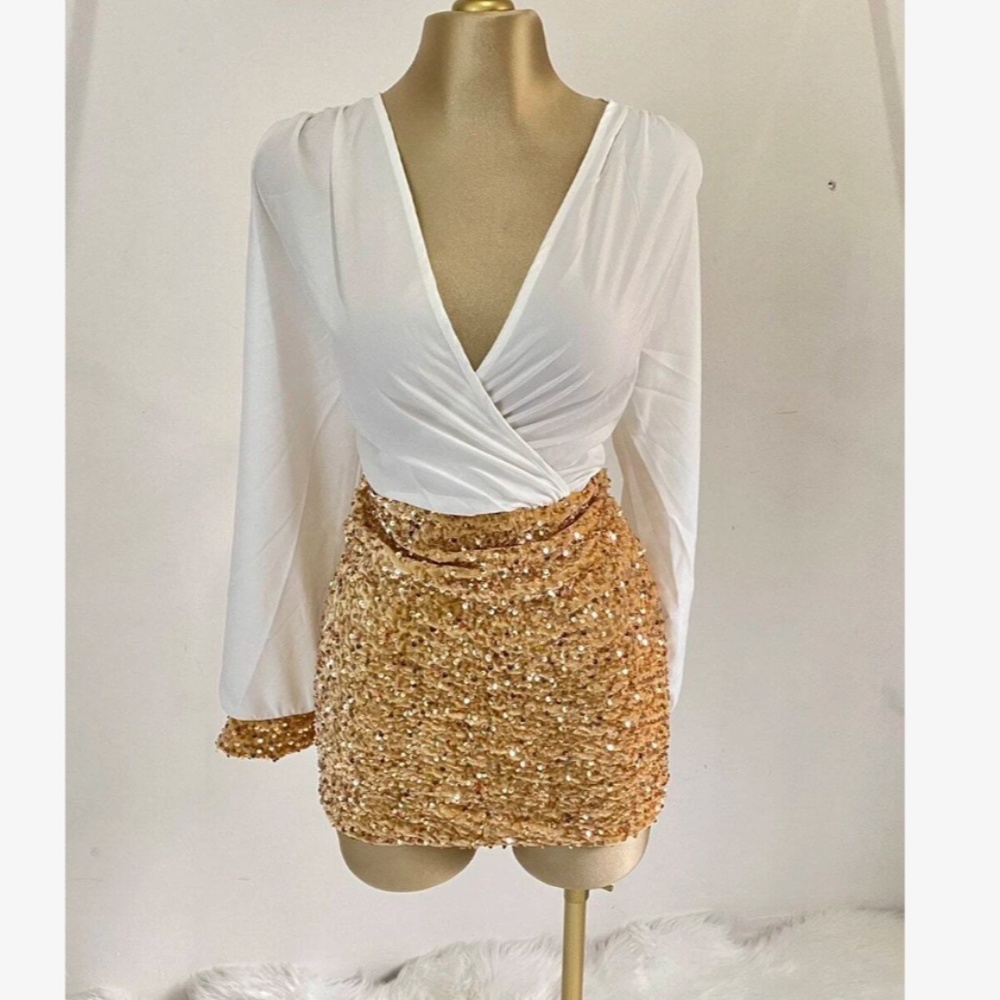 2 in 1 Party Dress White Top Sewn Together with Gold Sequin Skirt Mini - Picture 8 of 15